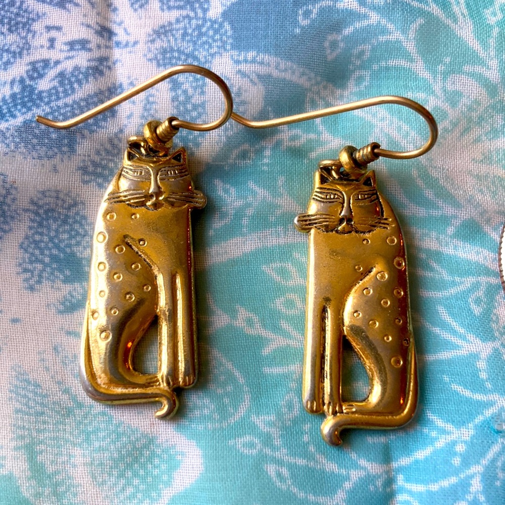 Laurel Burch Vintage Gold Cat Drop Earrings